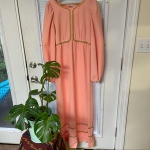 🎉HP🎉 Vintage Long Sleeve Maxi Dress Rose Pink Gold Accents M Medium